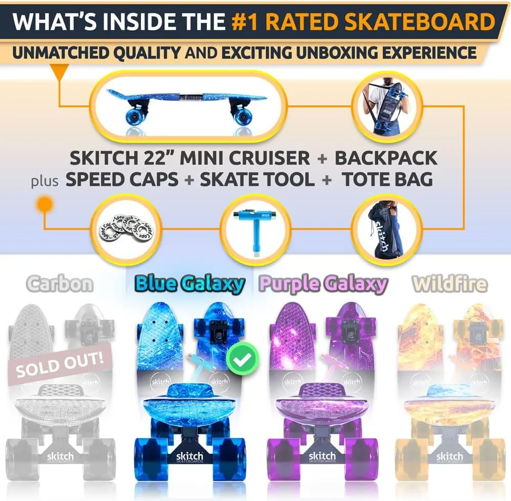 SKITCH Skateboards for Kids, Teens and Adults | Premium Skateboard Gift Set for Beginners and Pros Complete with Mini Cruiser Board   Skateboard Backpack   Video Course   Speed Control   Skate Tool