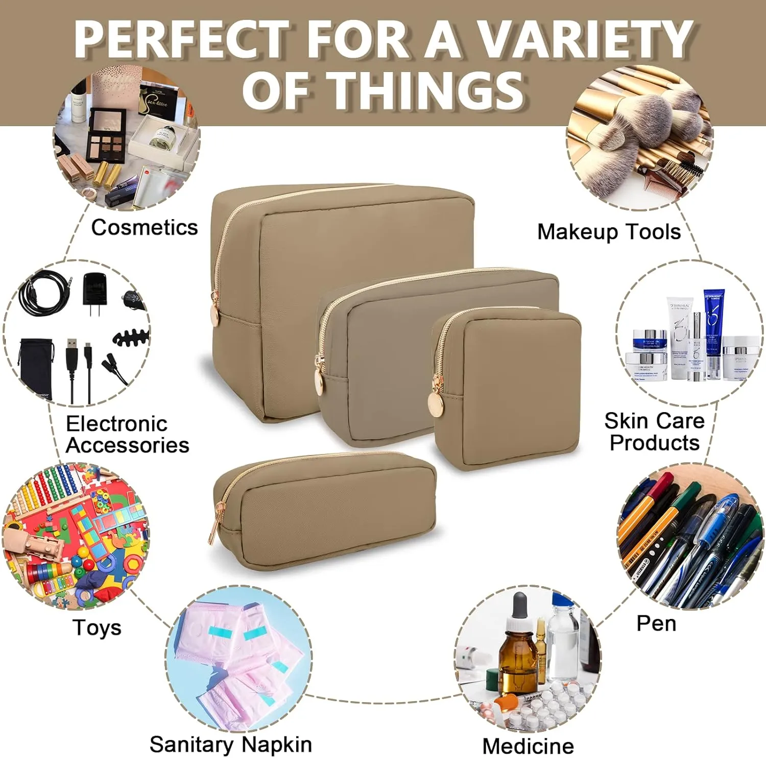 Small Makeup Bag Pouch for Purse, Nylon Travel Toiletry Storage Bag Cute Preppy Cosmetic Bag for Women Girls, Waterproof Makeup Organizer Bag Pouch Skincare Bag Purse with Zipper (Small-Khaki)