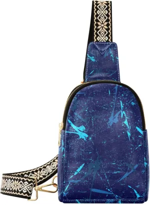 Small Sling Bag Blue Brush Strokes Texture Crossbody Bag PU Leather Sling Purse for Women