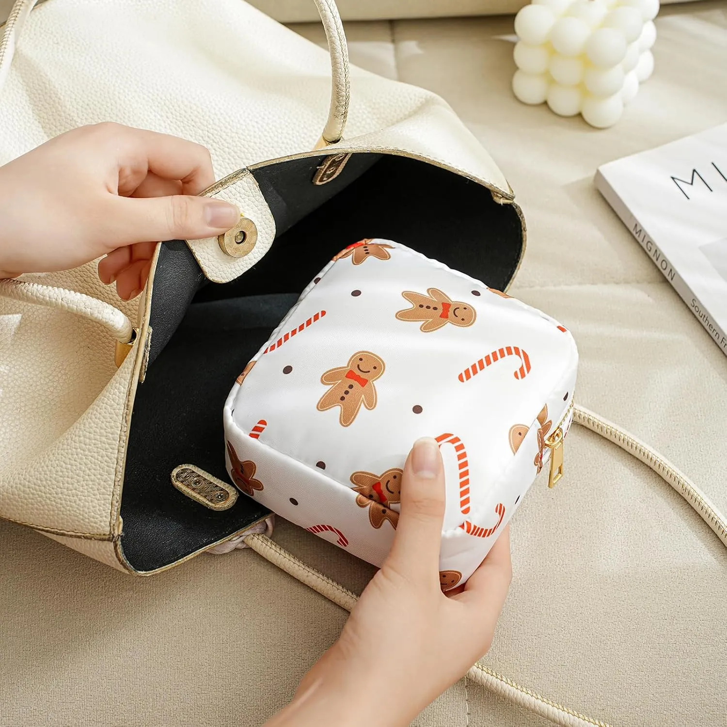 Small Waterproof Nylon Makeup Bag, Aesthetic Cosmetics Pouch and Toiletry Bag for Travel, Cute Makeup Organizer Storage Pouch for Women Girls (05Red Cane)