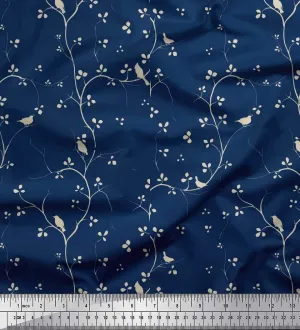 Soimoi Cotton Canvas Blue Fabric - by The Yard - 42 Inch Wide - Branches, Leaves & Bird Fabric - Organic Branches with Nature-Inspired Birds Printed Fabric