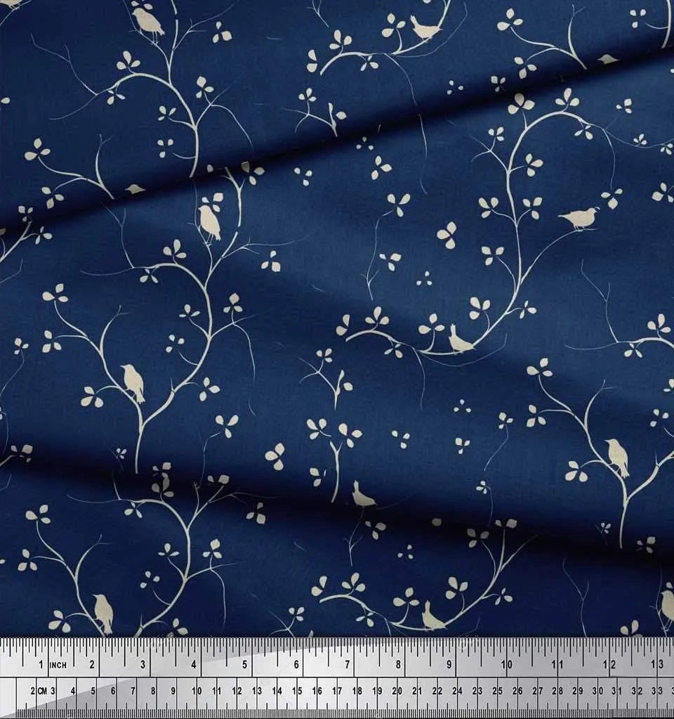 Soimoi Cotton Canvas Blue Fabric - by The Yard - 42 Inch Wide - Branches, Leaves & Bird Fabric - Organic Branches with Nature-Inspired Birds Printed Fabric