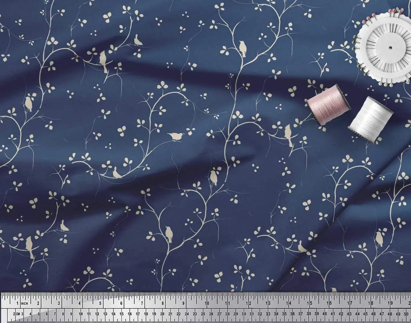 Soimoi Cotton Canvas Blue Fabric - by The Yard - 42 Inch Wide - Branches, Leaves & Bird Fabric - Organic Branches with Nature-Inspired Birds Printed Fabric