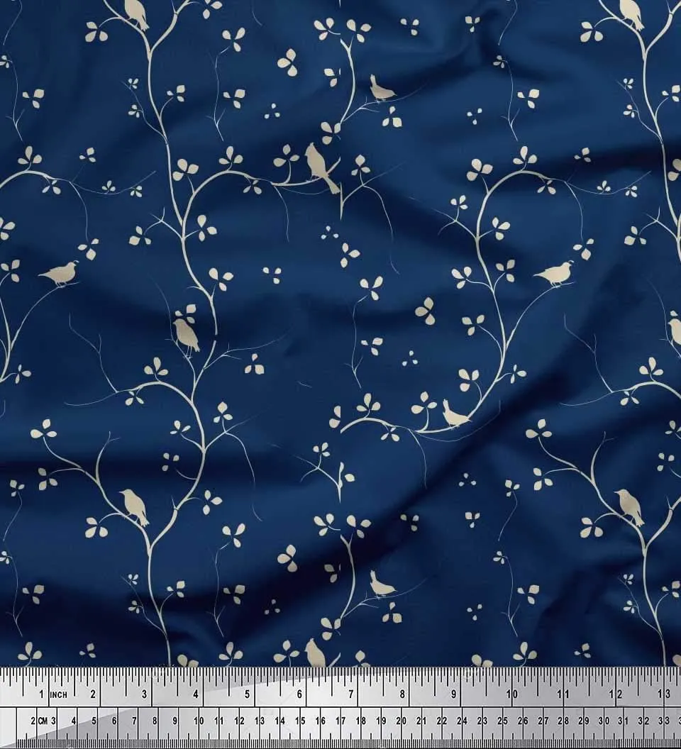 Soimoi Cotton Canvas Blue Fabric - by The Yard - 42 Inch Wide - Branches, Leaves & Bird Fabric - Organic Branches with Nature-Inspired Birds Printed Fabric