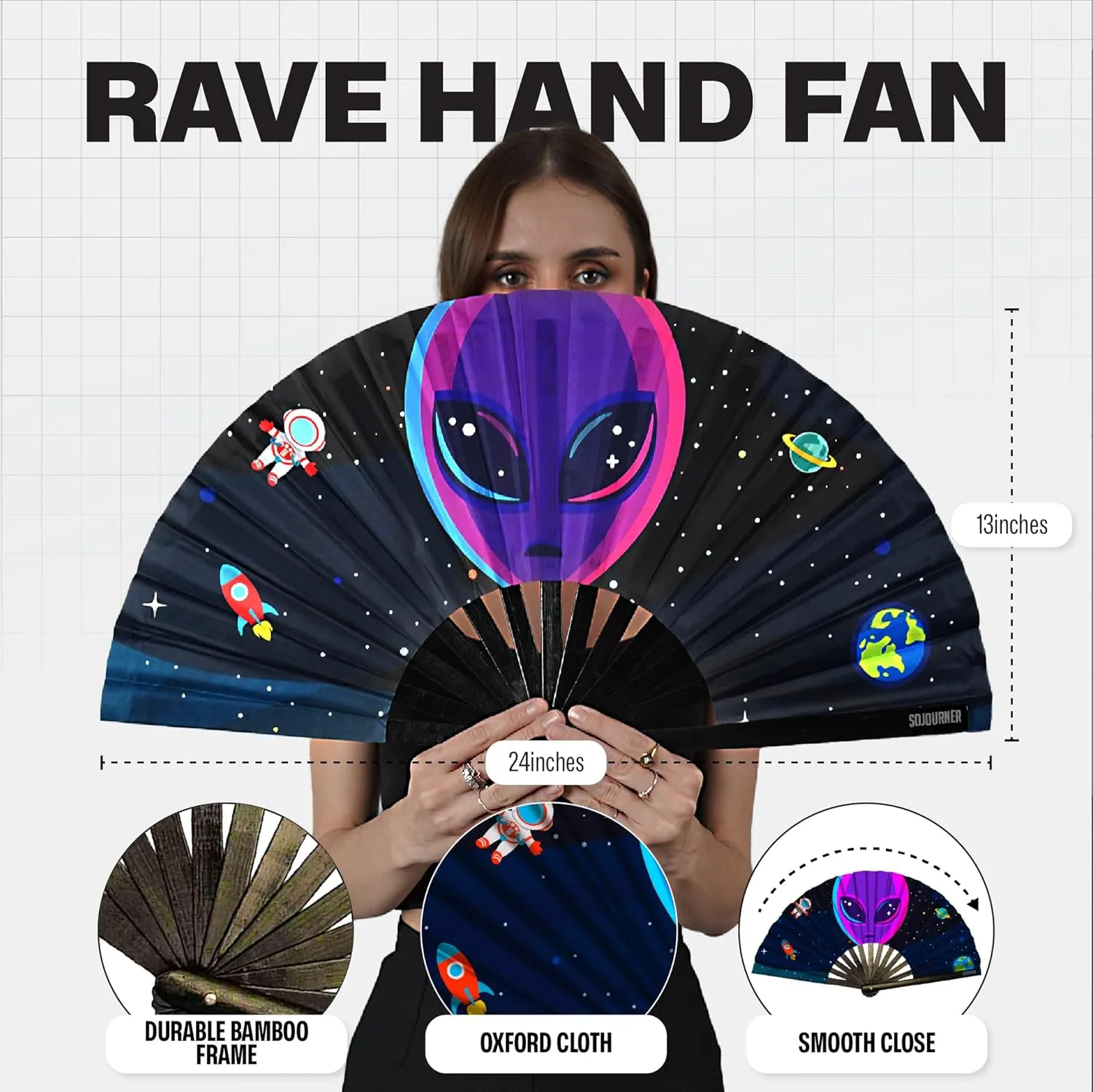 SoJourner Bags Rave Fan - Large Folding Fan - Clack Fan Hand Fan for Raves, Halloween, Burlesque, Rainbow Outfits for Women & Festival Accessories