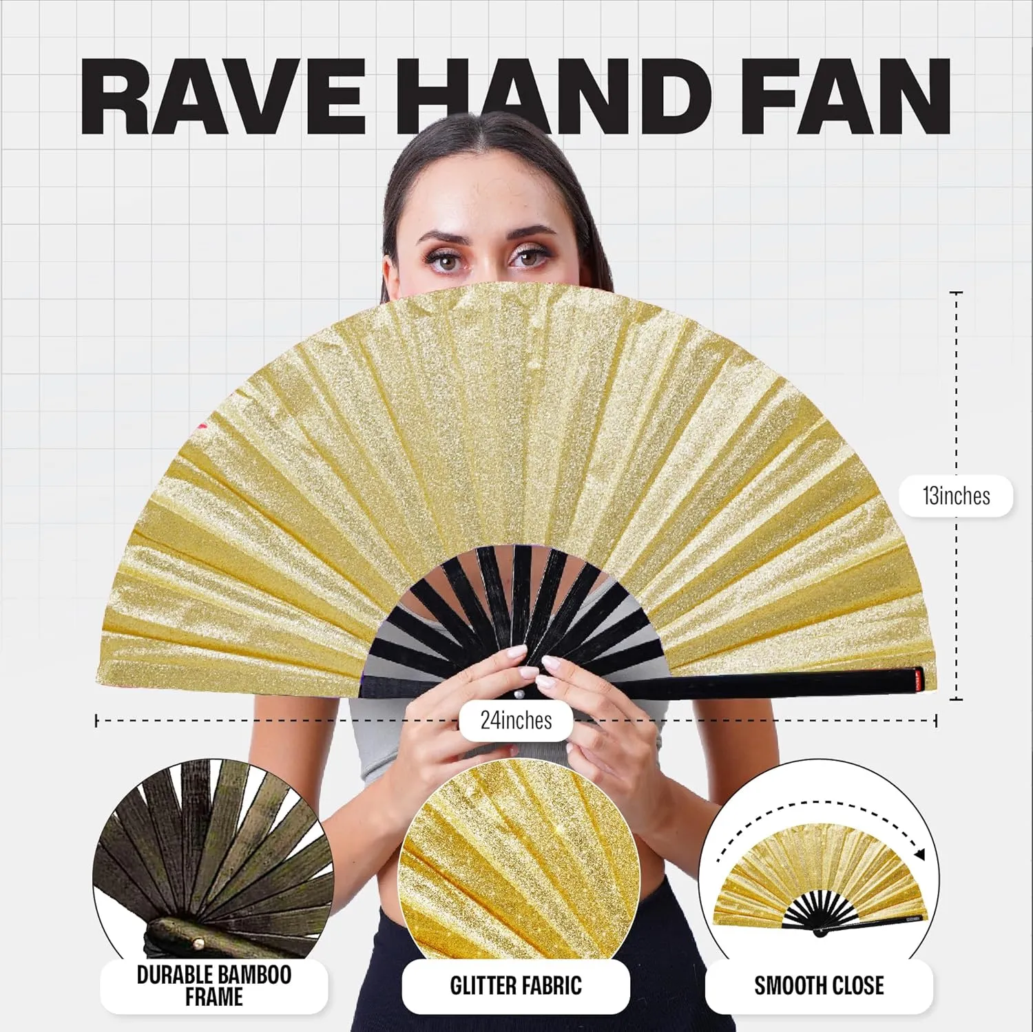 SoJourner Bags Rave Fan - Large Folding Fan - Clack Fan Hand Fan for Raves, Halloween, Burlesque, Rainbow Outfits for Women & Festival Accessories