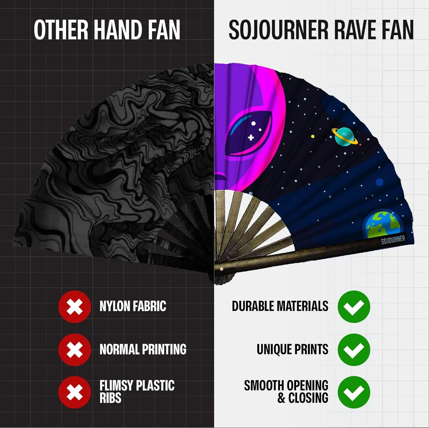 SoJourner Bags Rave Fan - Large Folding Fan - Clack Fan Hand Fan for Raves, Halloween, Burlesque, Rainbow Outfits for Women & Festival Accessories