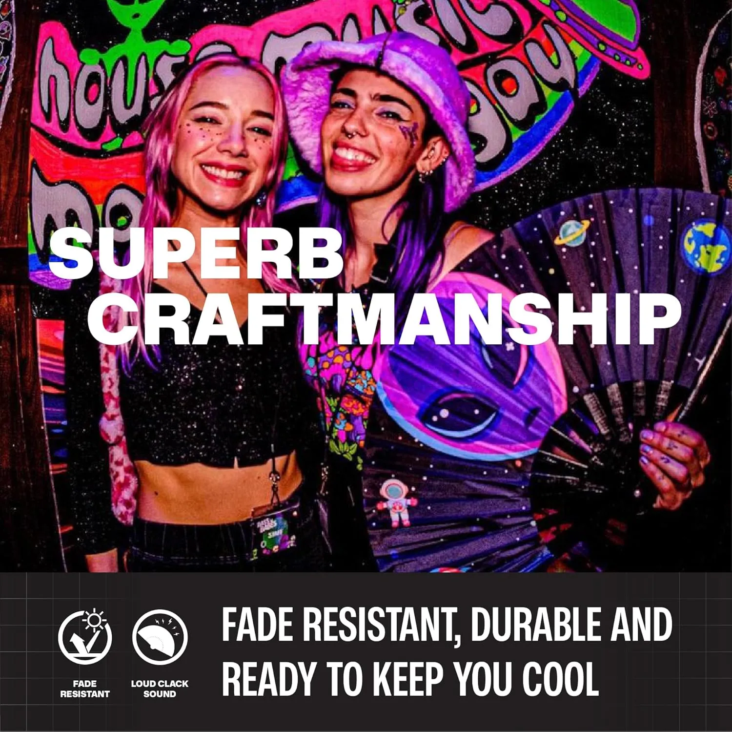 SoJourner Bags Rave Fan - Large Folding Fan - Clack Fan Hand Fan for Raves, Halloween, Burlesque, Rainbow Outfits for Women & Festival Accessories