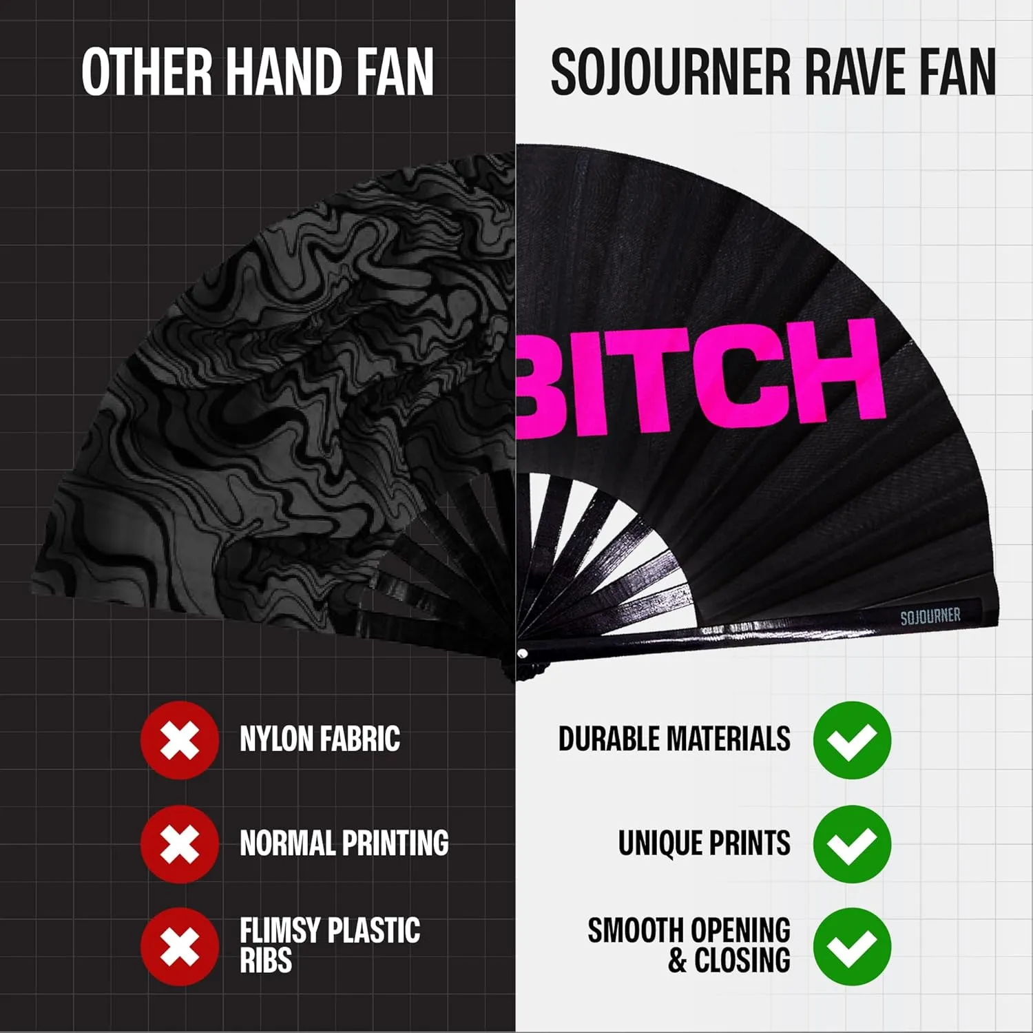 SoJourner Bags Rave Fan - Large Folding Fan - Clack Fan Hand Fan for Raves, Halloween, Burlesque, Rainbow Outfits for Women & Festival Accessories
