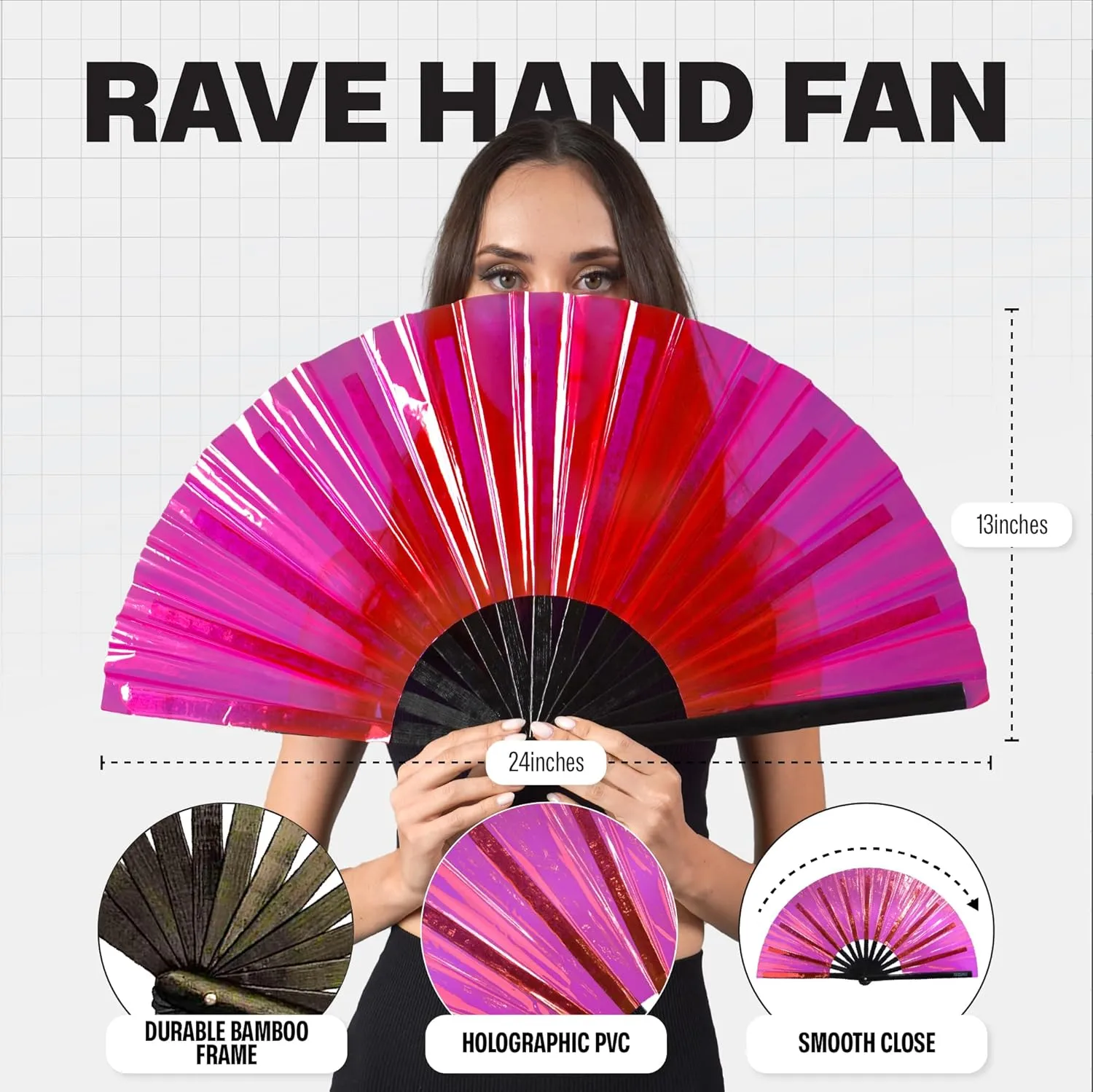 SoJourner Bags Rave Fan - Large Folding Fan - Clack Fan Hand Fan for Raves, Halloween, Burlesque, Rainbow Outfits for Women & Festival Accessories