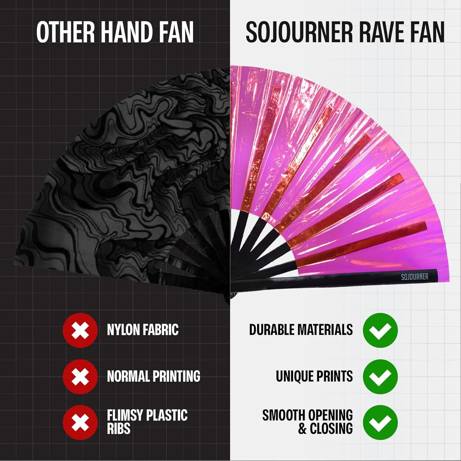 SoJourner Bags Rave Fan - Large Folding Fan - Clack Fan Hand Fan for Raves, Halloween, Burlesque, Rainbow Outfits for Women & Festival Accessories