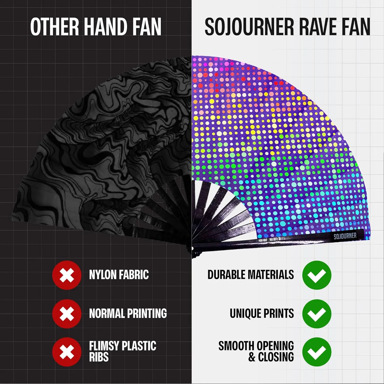 SoJourner Bags Rave Fan - Large Folding Fan - Clack Fan Hand Fan for Raves, Halloween, Burlesque, Rainbow Outfits for Women & Festival Accessories