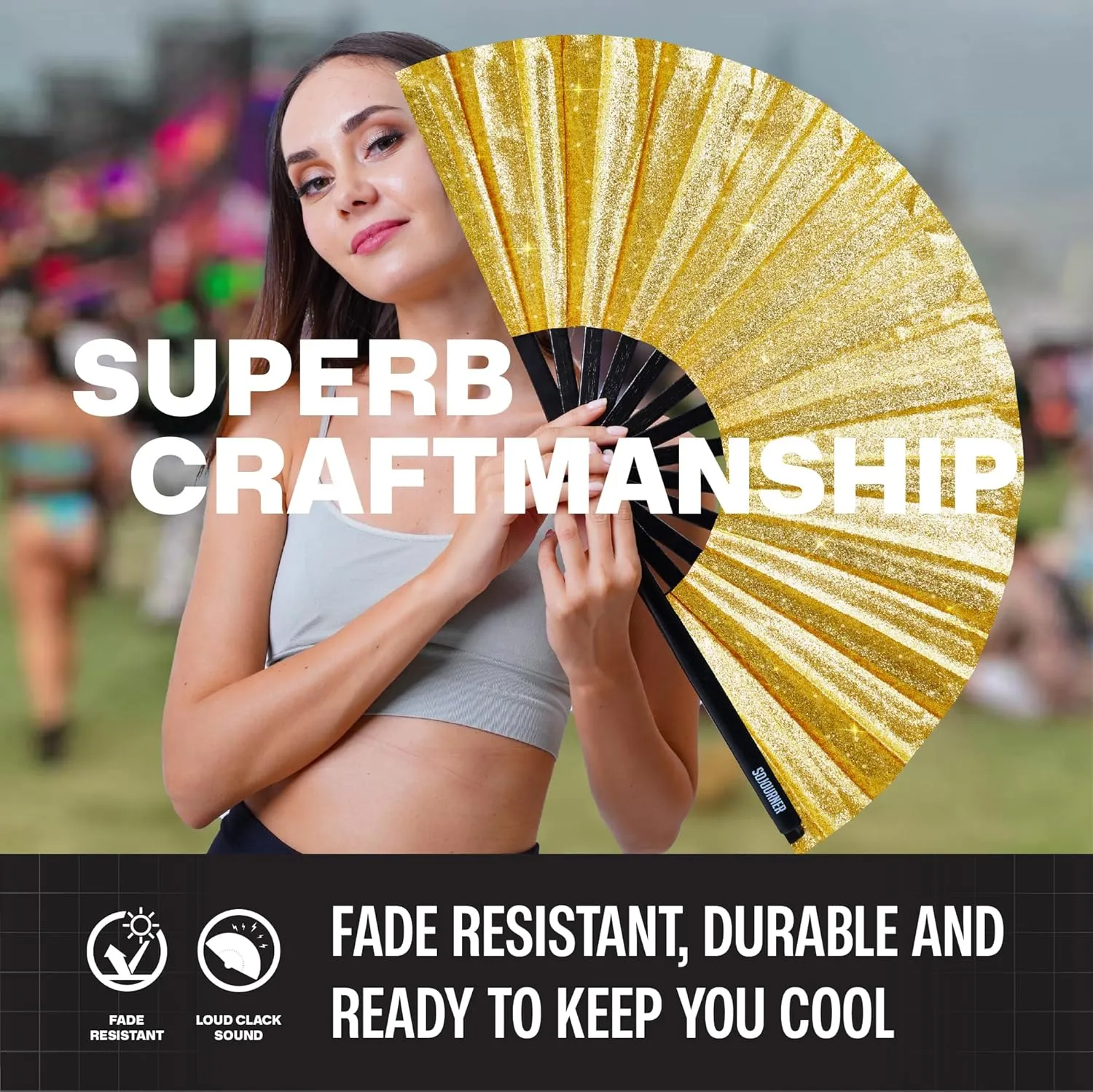 SoJourner Bags Rave Fan - Large Folding Fan - Clack Fan Hand Fan for Raves, Halloween, Burlesque, Rainbow Outfits for Women & Festival Accessories