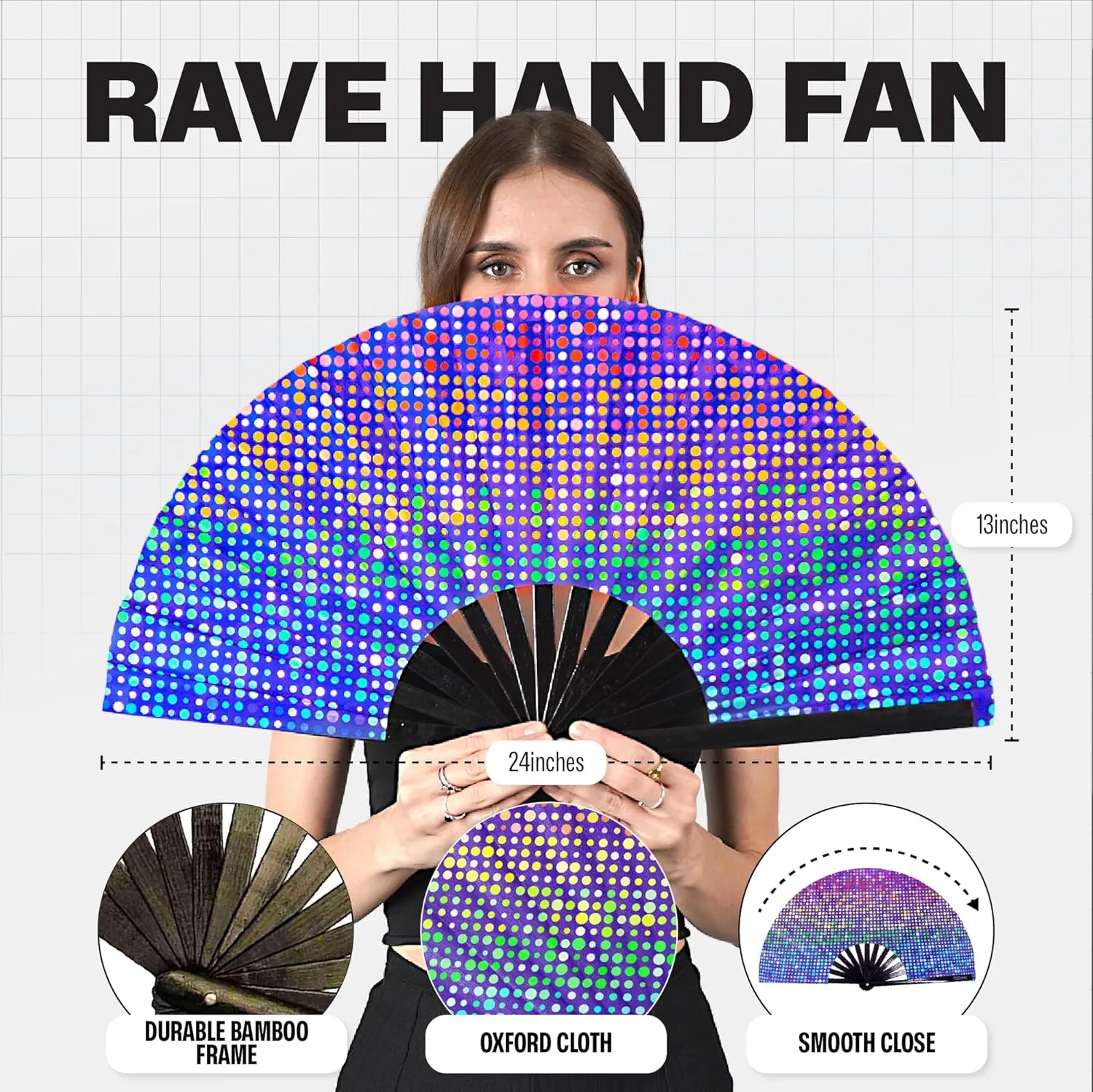 SoJourner Bags Rave Fan - Large Folding Fan - Clack Fan Hand Fan for Raves, Halloween, Burlesque, Rainbow Outfits for Women & Festival Accessories