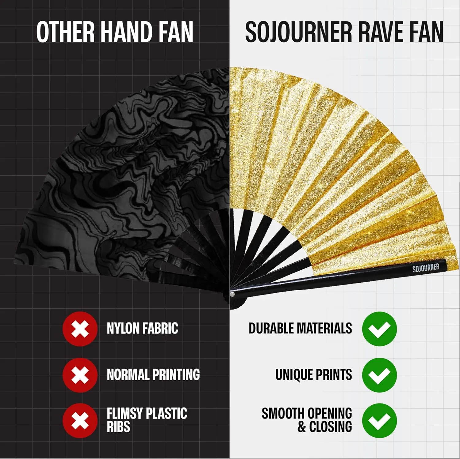 SoJourner Bags Rave Fan - Large Folding Fan - Clack Fan Hand Fan for Raves, Halloween, Burlesque, Rainbow Outfits for Women & Festival Accessories