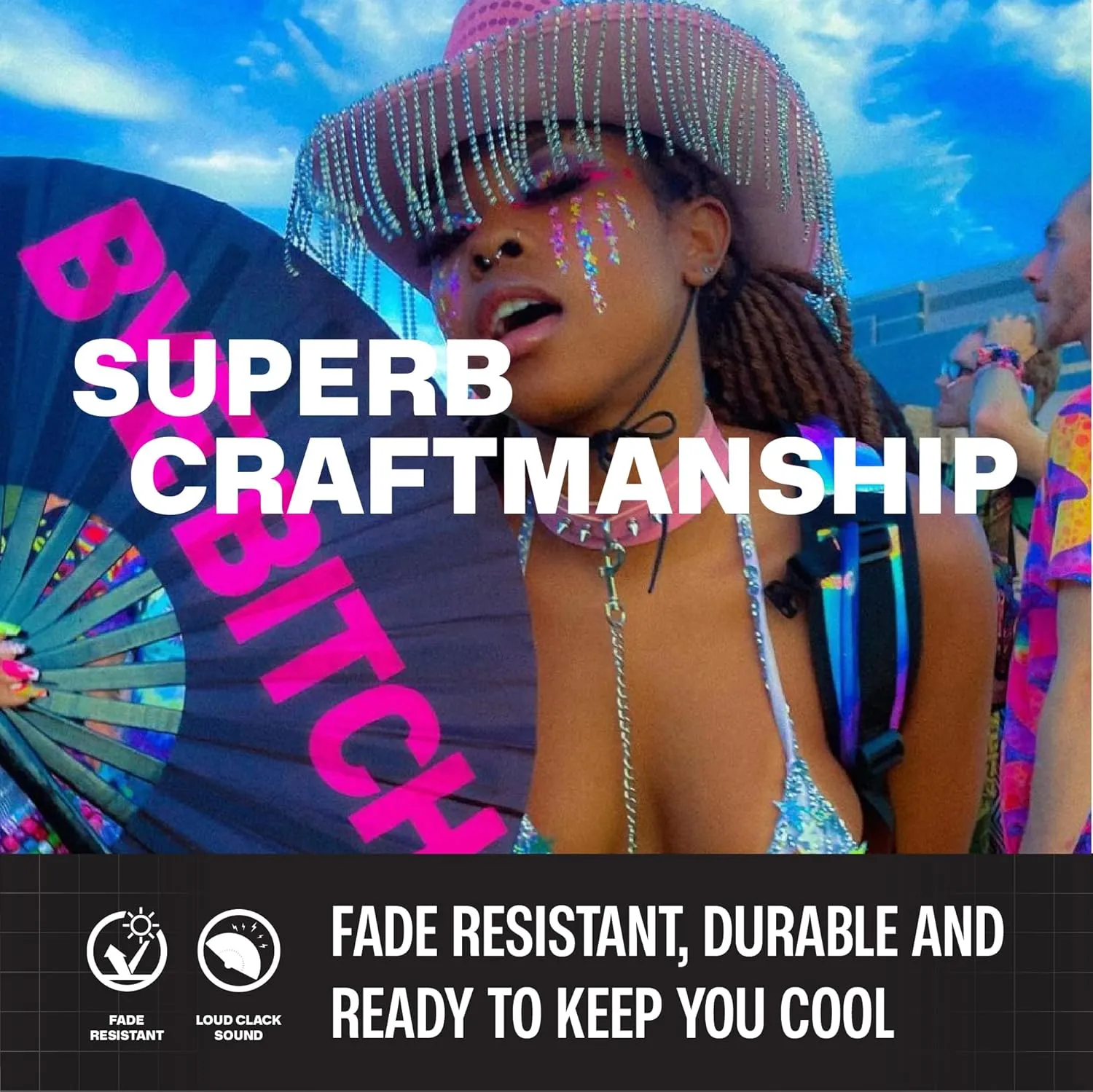 SoJourner Bags Rave Fan - Large Folding Fan - Clack Fan Hand Fan for Raves, Halloween, Burlesque, Rainbow Outfits for Women & Festival Accessories