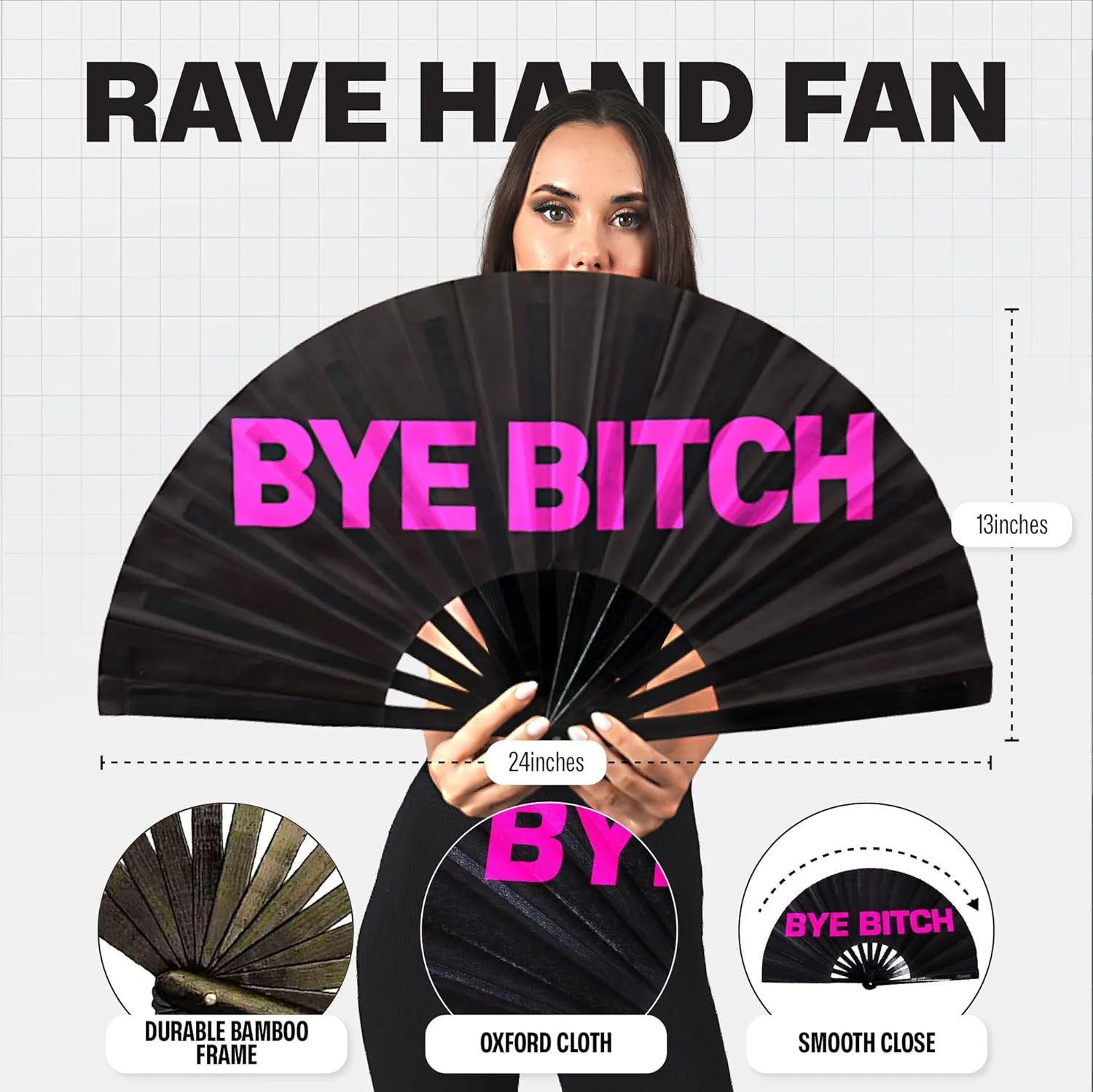 SoJourner Bags Rave Fan - Large Folding Fan - Clack Fan Hand Fan for Raves, Halloween, Burlesque, Rainbow Outfits for Women & Festival Accessories