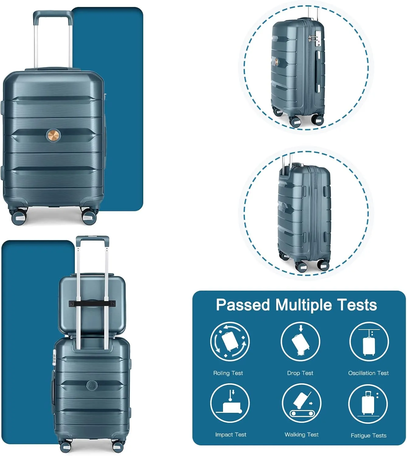 Somago 20" Carry On Luggage and 14" Mini Cosmetic Cases Travel Set Lightweight Polypropylene Suitcase with TSA Lock YKK Zipper Hardside Luggage with Spinner Wheels (2 Piece Set, Ice Blue)
