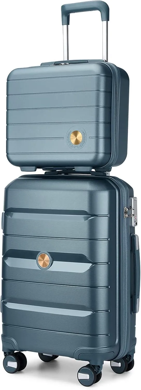 Somago 20" Carry On Luggage and 14" Mini Cosmetic Cases Travel Set Lightweight Polypropylene Suitcase with TSA Lock YKK Zipper Hardside Luggage with Spinner Wheels (2 Piece Set, Ice Blue)