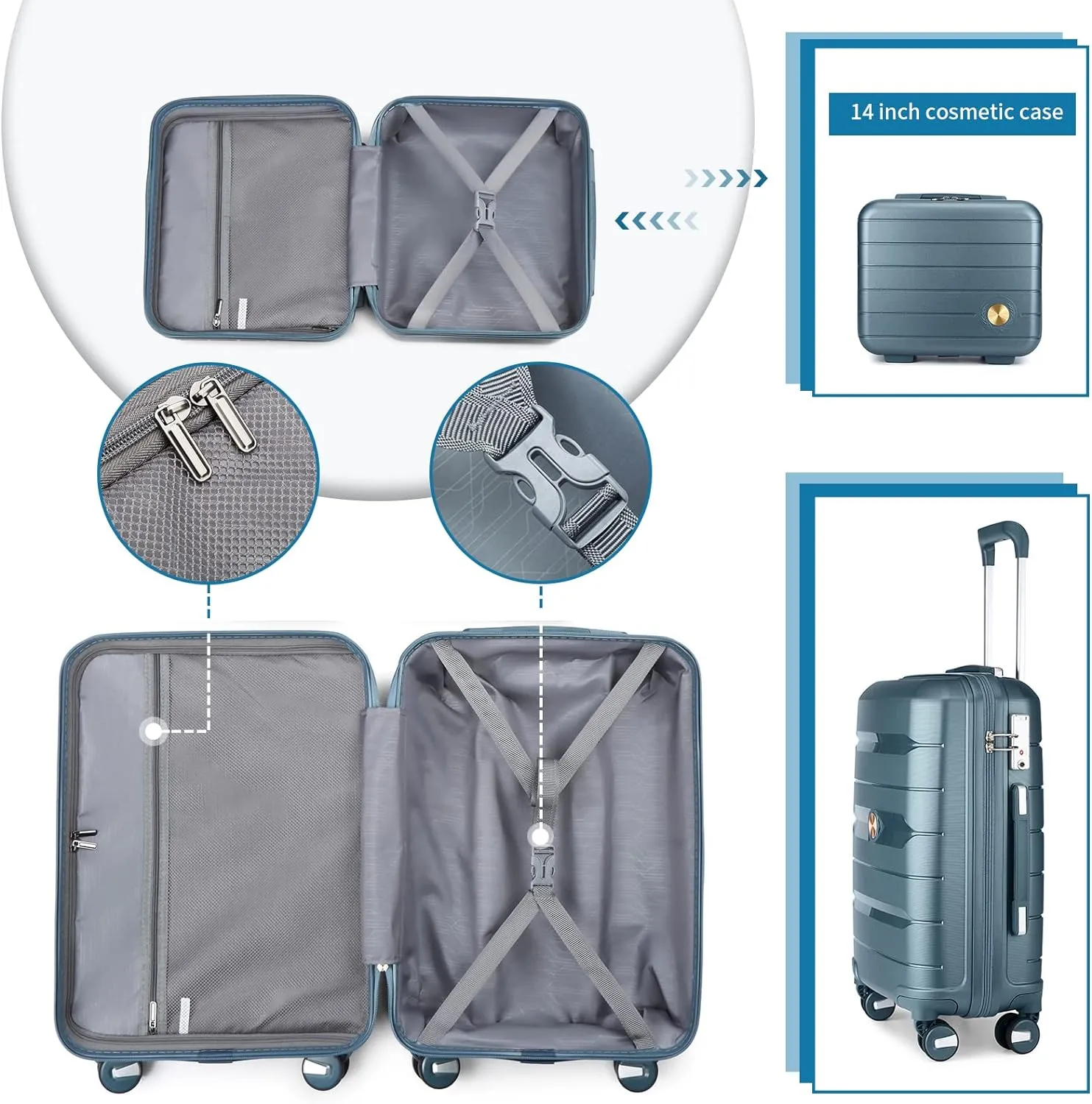 Somago 20" Carry On Luggage and 14" Mini Cosmetic Cases Travel Set Lightweight Polypropylene Suitcase with TSA Lock YKK Zipper Hardside Luggage with Spinner Wheels (2 Piece Set, Ice Blue)