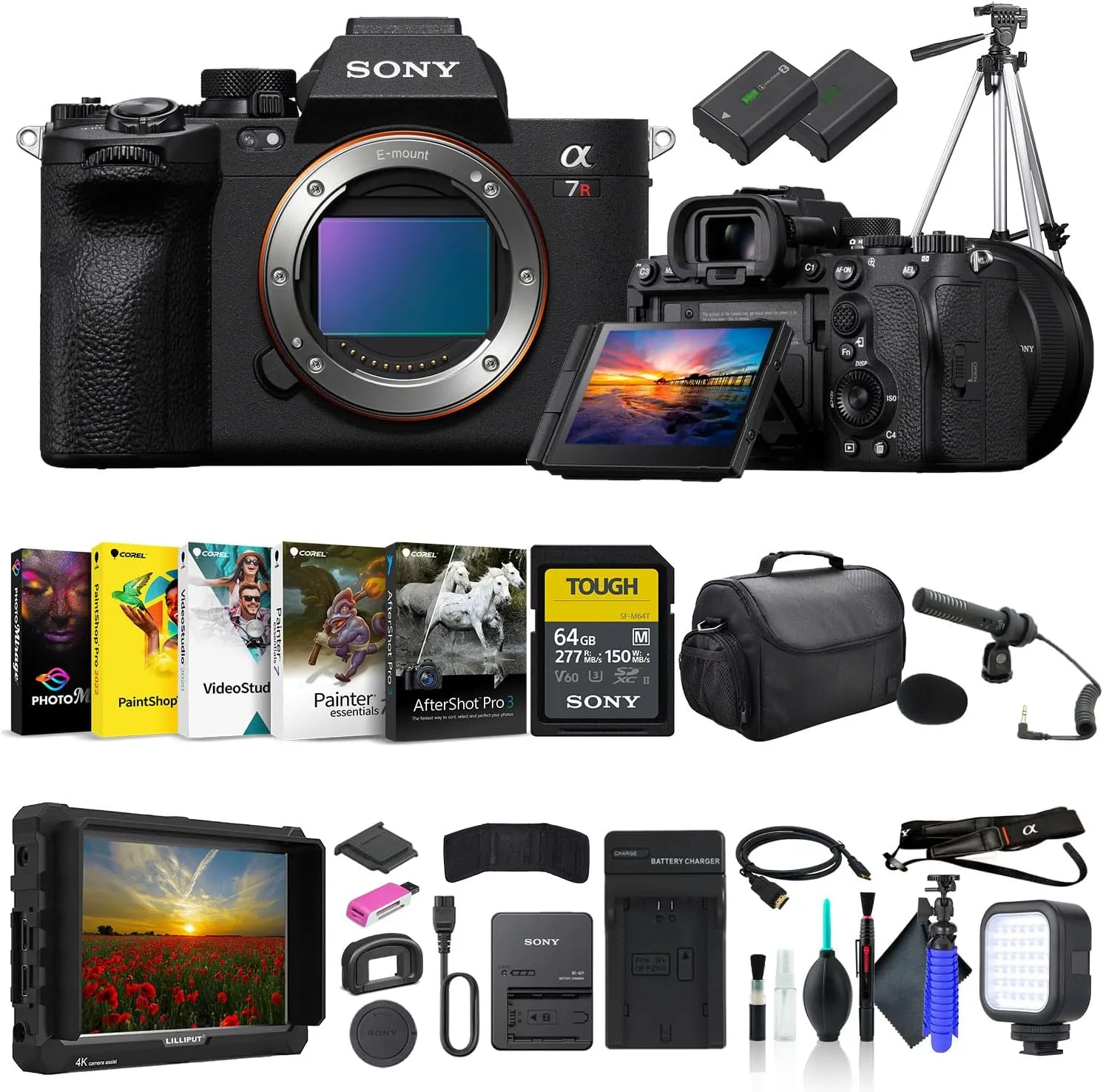Sony a7R V Mirrorless Camera ILCE7RM5/B, 4K Monitor, Pro Headphones, Pro Mic, 64GB Memory Card, Corel Photo Software, Pro Tripod, Bag, NP-FZ100 Compatible Battery, External Charger, and More