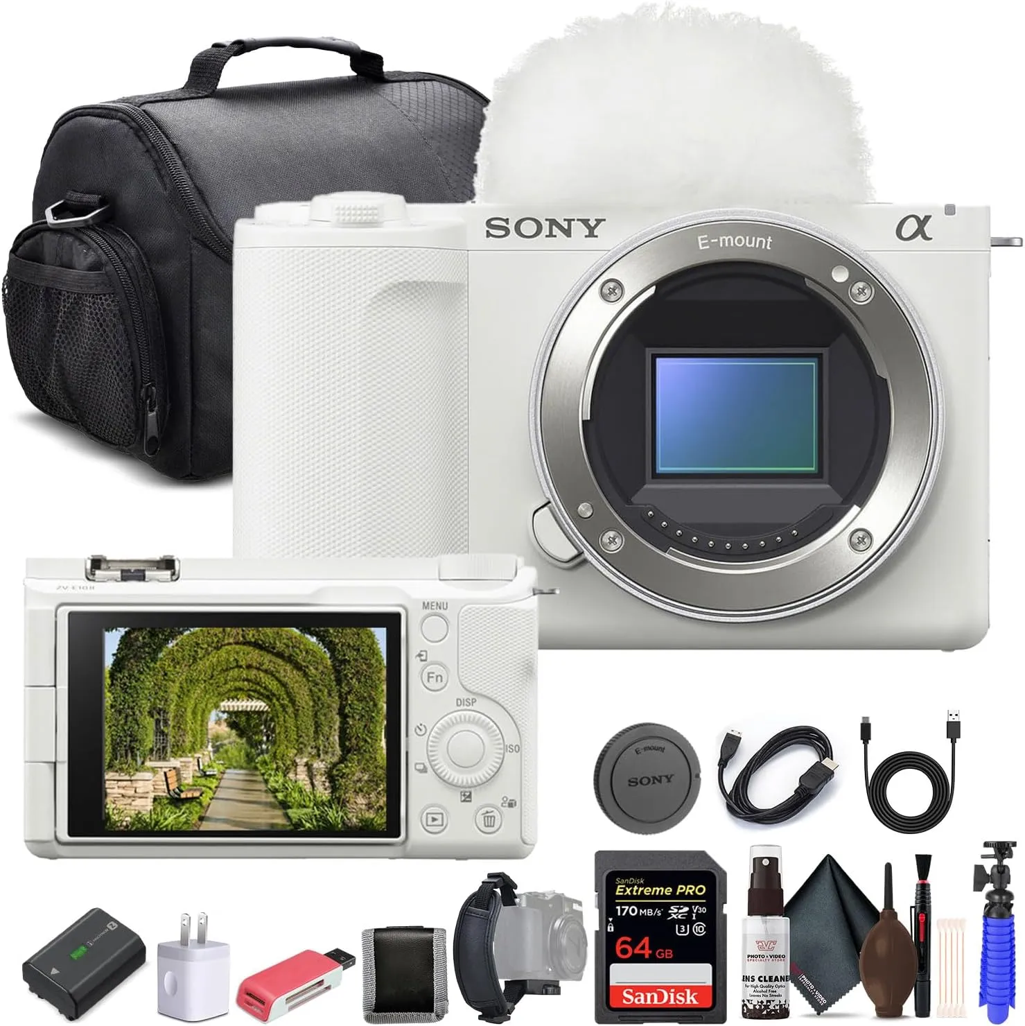 Sony Alpha ZV-E10 II Mirrorless Camera (Body Only, White) (ZVE10M2KW), 64GB Memory Card, Bag, Card Reader, HDMI Cable, Flex Tripod, Hand Strap, Memory Wallet, Cleaning Kit