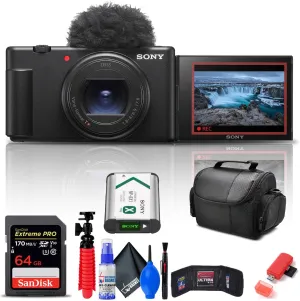 Sony ZV-1 II Vlog Camera for Content Creators and Vloggers (Black) (ZV-1M2/B)   64GB Memory Card   Card Reader   Deluxe Soft Bag   Flex Tripod   Memory Wallet   Cleaning Kit (Renewed)