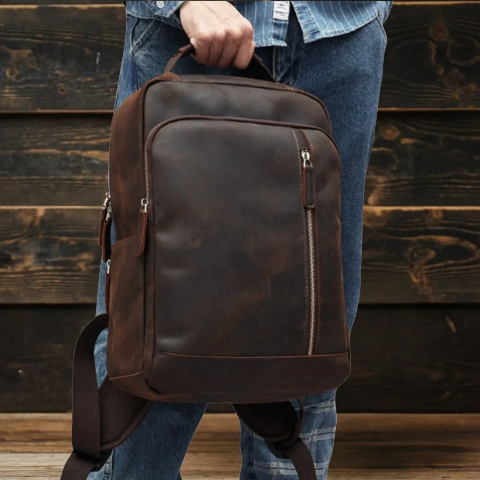Spacious Crazy Horse Leather Backpack