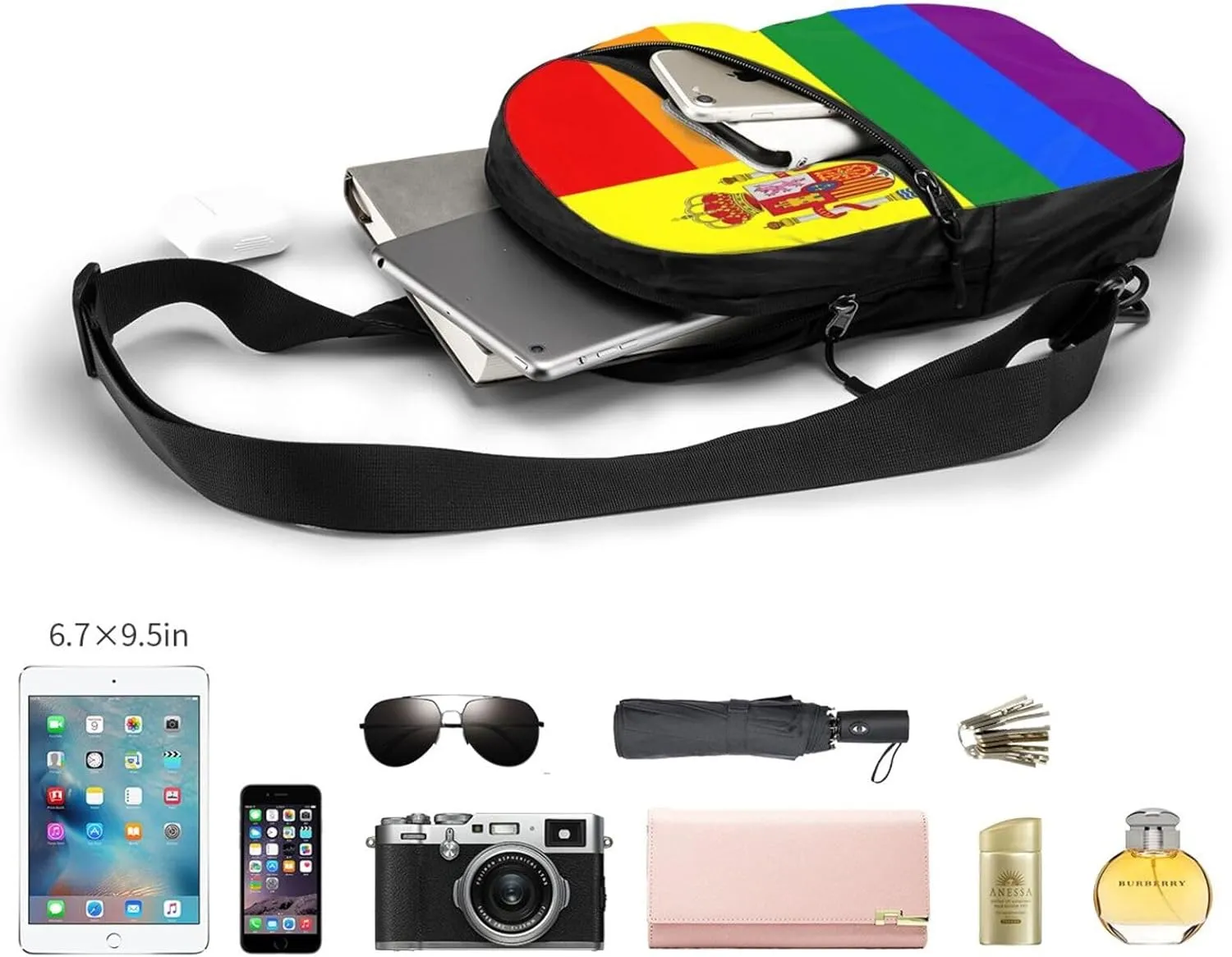 Spain Spanish Espana LGBT Gay Pride Rainbow Flag Crossbody Bag Portable Sling Bags Foldable Chest Daypack Reusable Sports Shoulder Backpack Diagonally Casual Rucksack Travel Bag