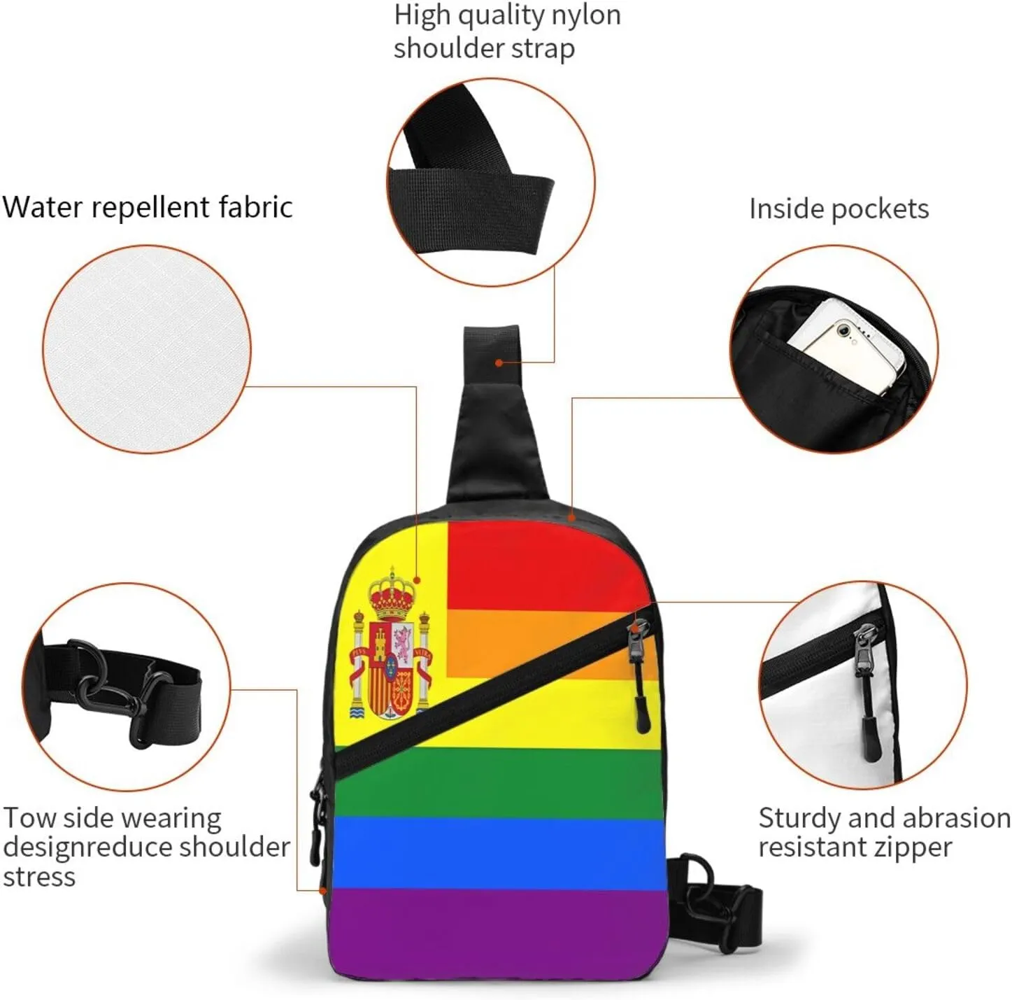 Spain Spanish Espana LGBT Gay Pride Rainbow Flag Crossbody Bag Portable Sling Bags Foldable Chest Daypack Reusable Sports Shoulder Backpack Diagonally Casual Rucksack Travel Bag