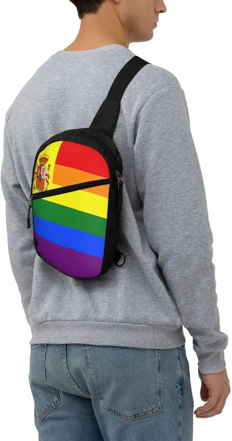 Spain Spanish Espana LGBT Gay Pride Rainbow Flag Crossbody Bag Portable Sling Bags Foldable Chest Daypack Reusable Sports Shoulder Backpack Diagonally Casual Rucksack Travel Bag