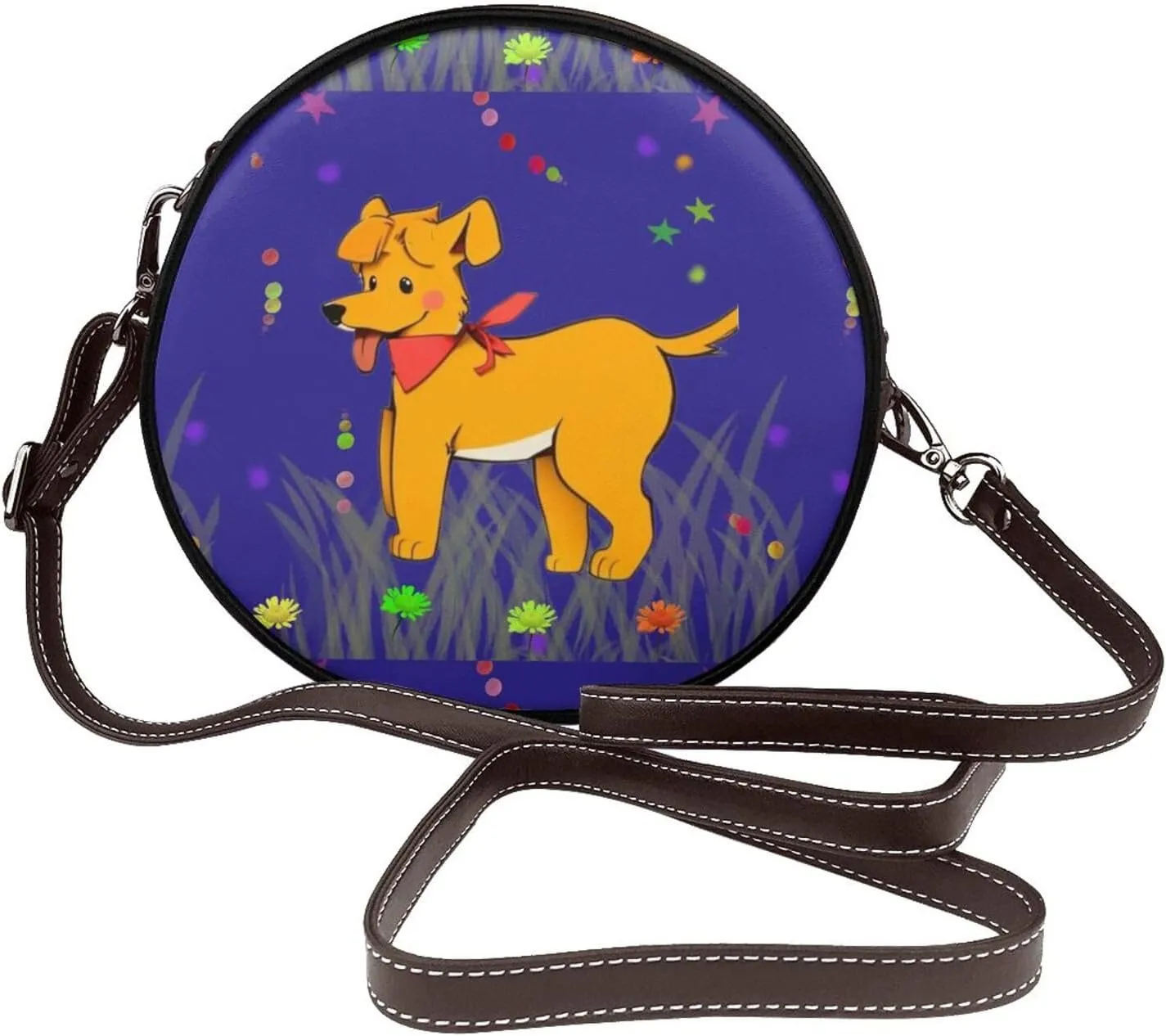 Spitting Tongue Cartoon Dog Removable Shoulder Strap Waterproof Leather Shoulder Round Bag Crossbody Bag Travel Shopping Dating Handbag Purse