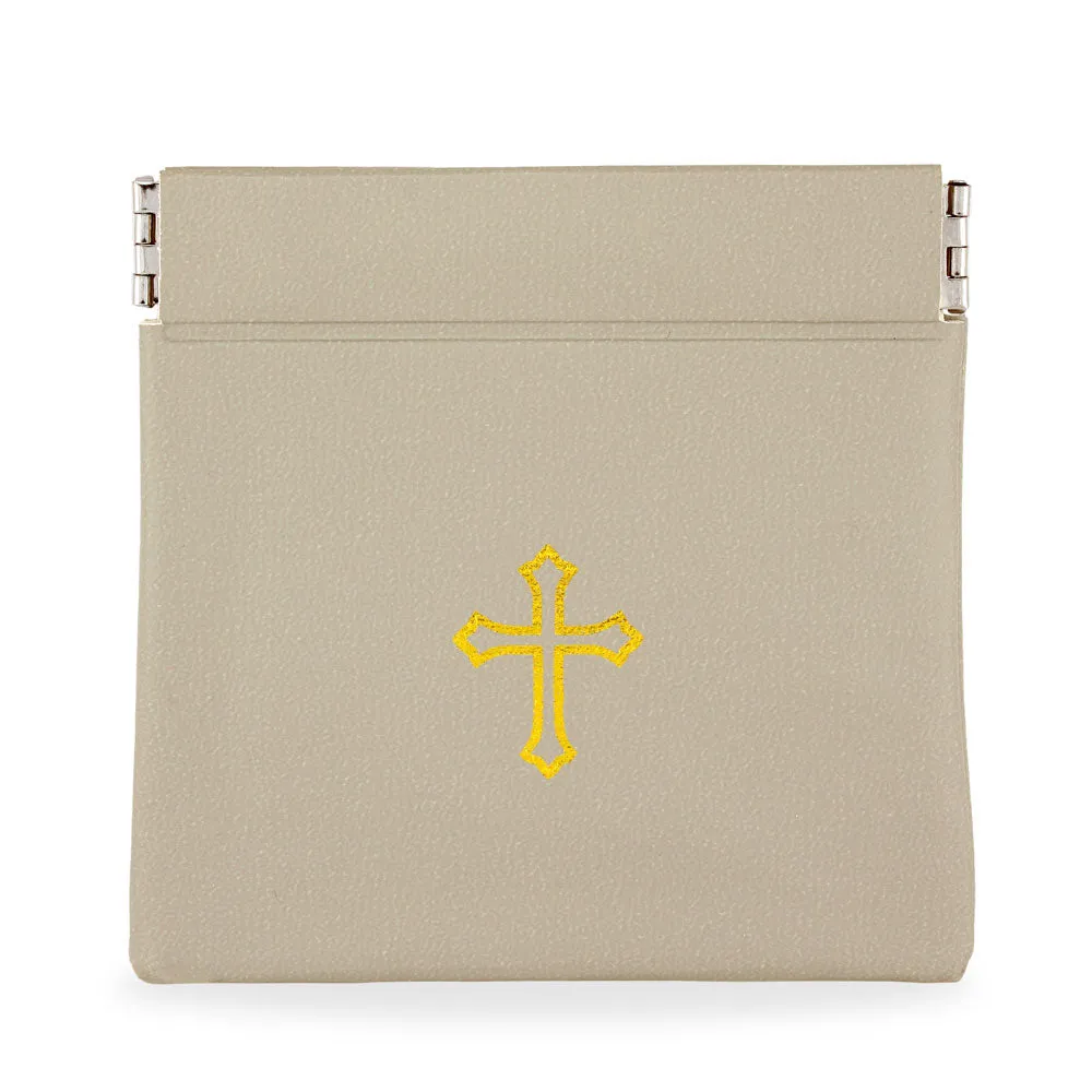 Squeeze Top Rosary Pouch Gray Vinyl with Gold Cross Imprint