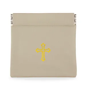 Squeeze Top Rosary Pouch Gray Vinyl with Gold Cross Imprint