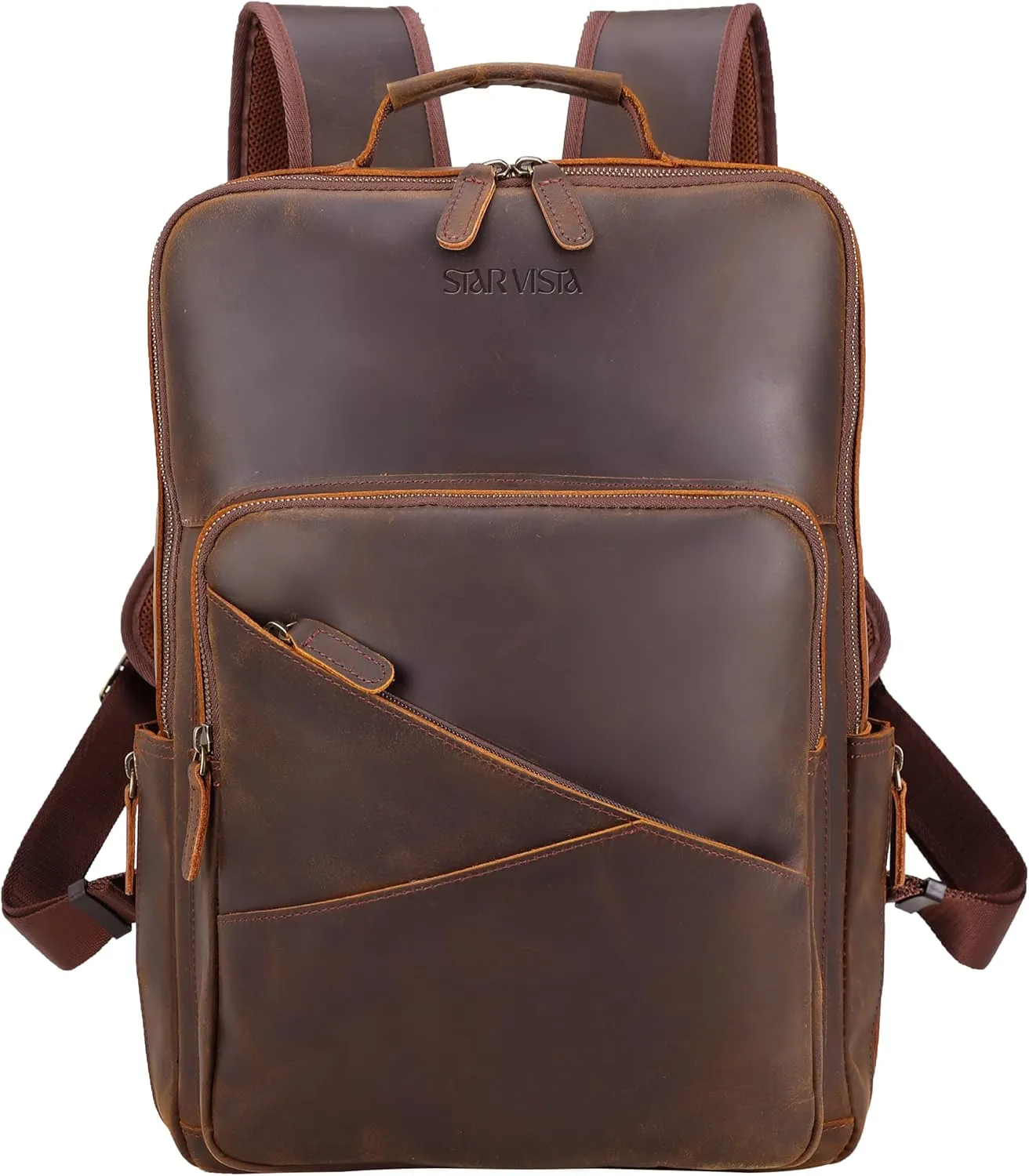 STAR VISTA 15.6" Trajan Vintage Full Grain Leather Laptop Backpack for Men, Multi Pockets, Casual Outdoor Business Travel Rucksack, YKK Zippers, Dark Brown