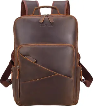 STAR VISTA 15.6" Trajan Vintage Full Grain Leather Laptop Backpack for Men, Multi Pockets, Casual Outdoor Business Travel Rucksack, YKK Zippers, Dark Brown