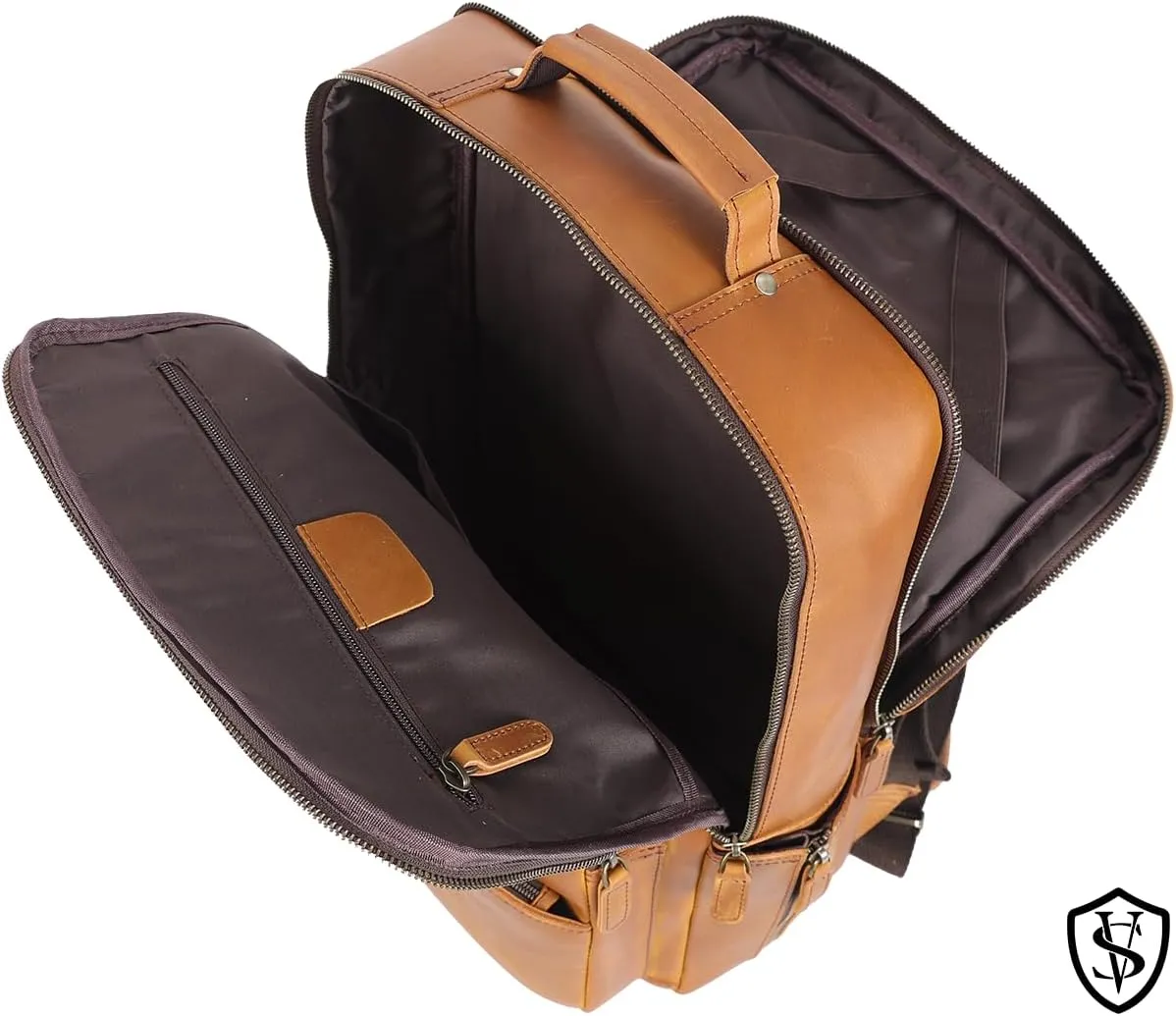 STAR VISTA 15.6" Trajan Vintage Full Grain Leather Laptop Backpack for Men, Multi Pockets, Casual Outdoor Business Travel Rucksack, YKK Zippers, Light Brown