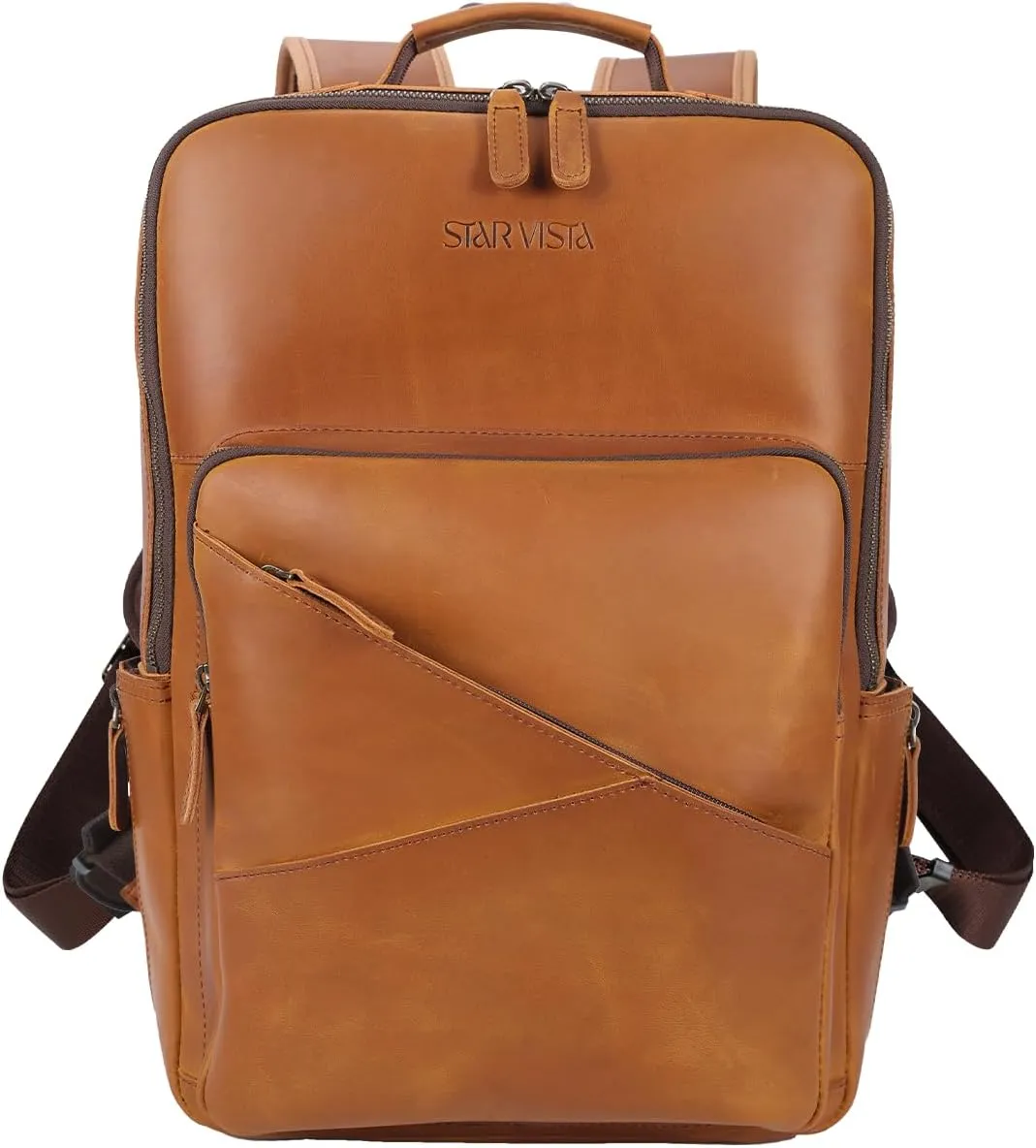 STAR VISTA 15.6" Trajan Vintage Full Grain Leather Laptop Backpack for Men, Multi Pockets, Casual Outdoor Business Travel Rucksack, YKK Zippers, Light Brown
