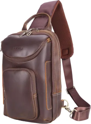 STAR VISTA Triton Vintage Full Grain Leather Sling Bag, Crossbody Chest Daypack, Multi Pockets Backpack, Casual Outdoor Hiking Rucksack, YKK Zippers