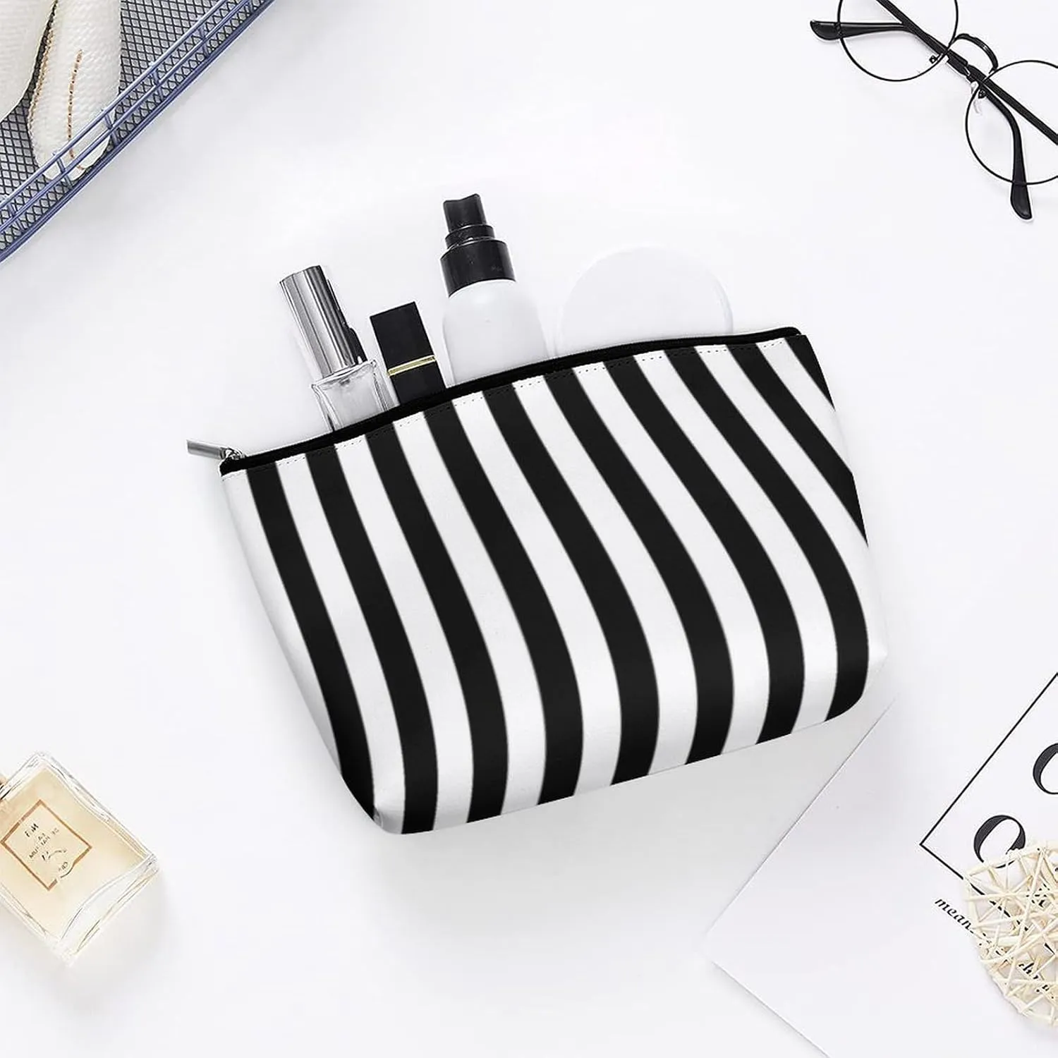 Stripes White Black Cosmetic Bag, Travel Portable Makeup Bag for Purse Pouch Beauty Zipper Organizer Toiletry Bag for Women