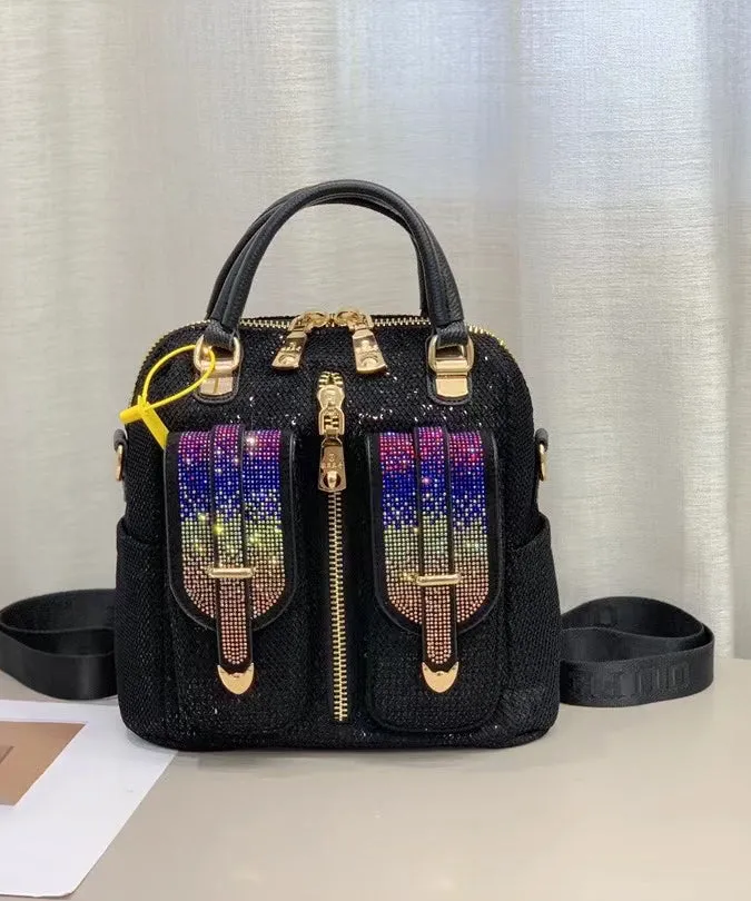 Style Black Zircon Patchwork Sequin Leather Backpack Bag MM038