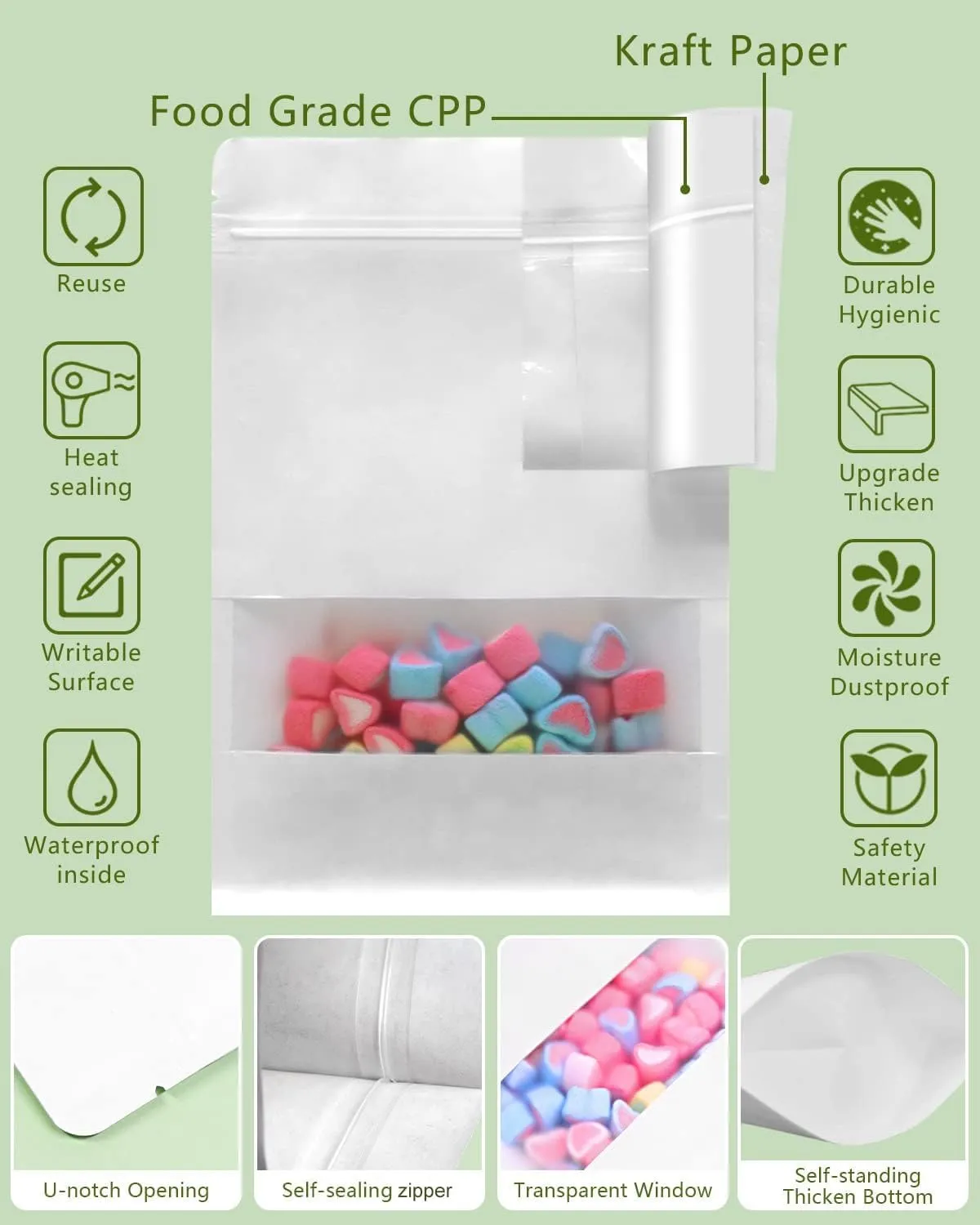 SumDirect Kraft Stand Up Pouches - 50 Pack 7x10 Inch White Zipper Food Storage Reusable Sealable Bags with Window for Home or Business
