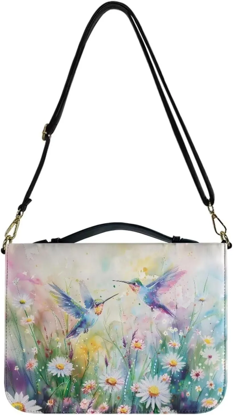 Suobstales Hummingbird Daisy Print Bible Cover for Men Women Leather Bible Case Large Bible Carrying Case Bible Carrier with Shoulder Strap, Study Bible Tote Bag Handbag for Bible Accessories, XL