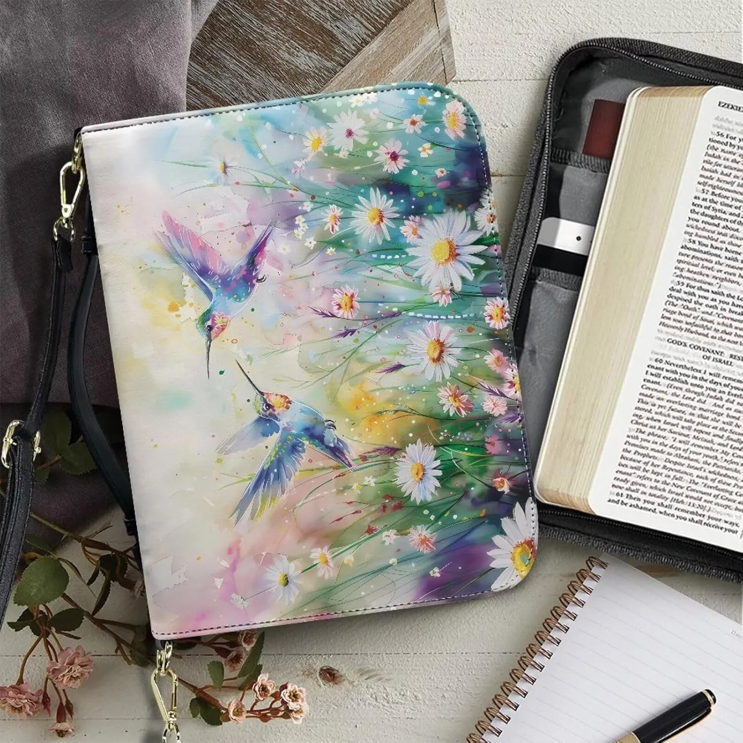 Suobstales Hummingbird Daisy Print Bible Cover for Men Women Leather Bible Case Large Bible Carrying Case Bible Carrier with Shoulder Strap, Study Bible Tote Bag Handbag for Bible Accessories, XL