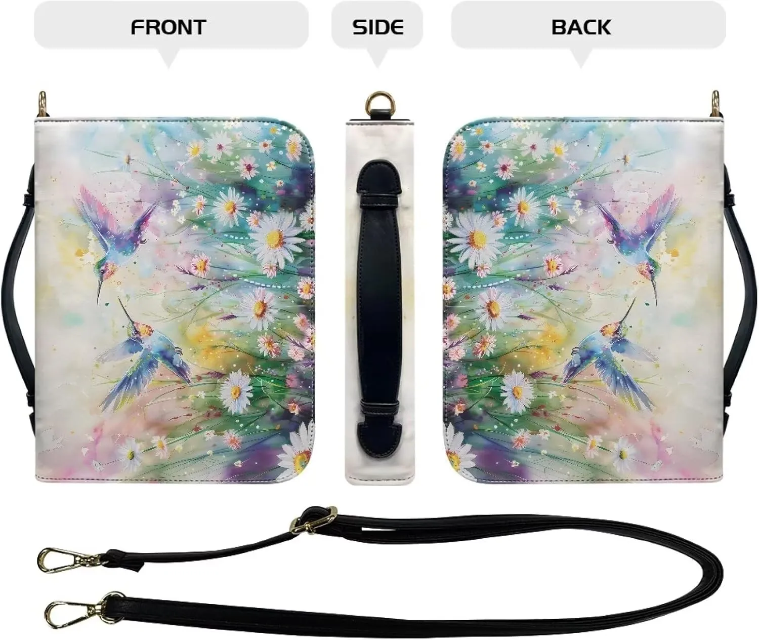 Suobstales Hummingbird Daisy Print Bible Cover for Men Women Leather Bible Case Large Bible Carrying Case Bible Carrier with Shoulder Strap, Study Bible Tote Bag Handbag for Bible Accessories, XL