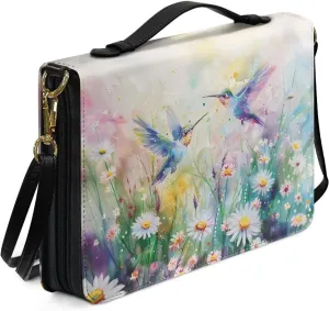 Suobstales Hummingbird Daisy Print Bible Cover for Men Women Leather Bible Case Large Bible Carrying Case Bible Carrier with Shoulder Strap, Study Bible Tote Bag Handbag for Bible Accessories, XL