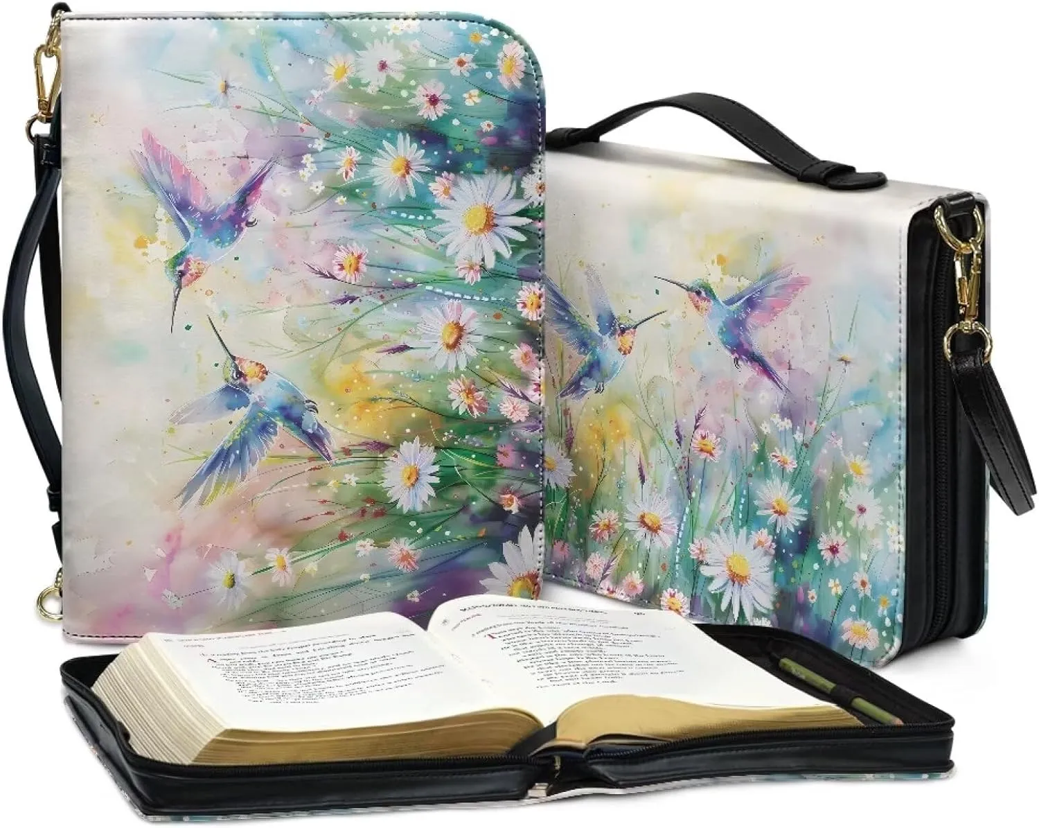 Suobstales Hummingbird Daisy Print Bible Cover for Men Women Leather Bible Case Large Bible Carrying Case Bible Carrier with Shoulder Strap, Study Bible Tote Bag Handbag for Bible Accessories, XL