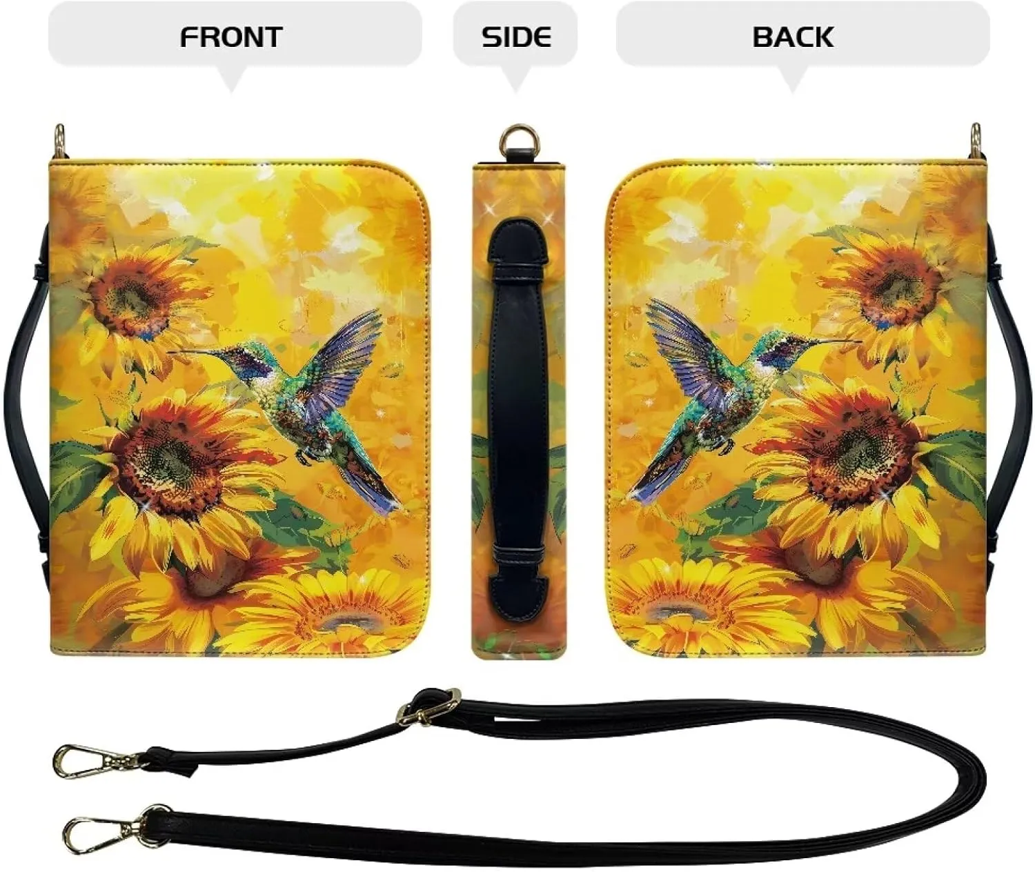 Suobstales Hummingbird Sunflower Print Bible Covers for Women Men Bible Case PU Leather Bible Bag Bible Accessories with Handle Christian Gifts Lightweight Bible Tote Bag with Shoulder Strap, L