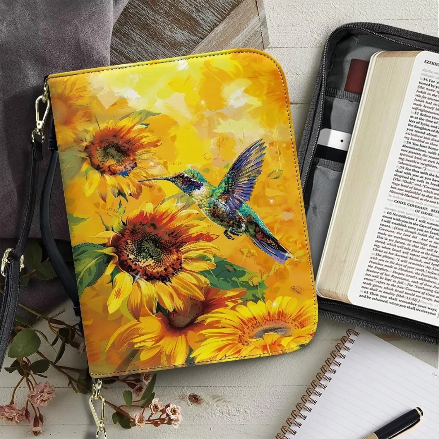 Suobstales Hummingbird Sunflower Print Bible Covers for Women Men Bible Case PU Leather Bible Bag Bible Accessories with Handle Christian Gifts Lightweight Bible Tote Bag with Shoulder Strap, L