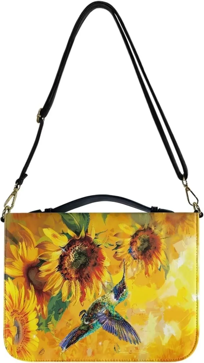 Suobstales Hummingbird Sunflower Print Bible Covers for Women Men Bible Case PU Leather Bible Bag Bible Accessories with Handle Christian Gifts Lightweight Bible Tote Bag with Shoulder Strap, L